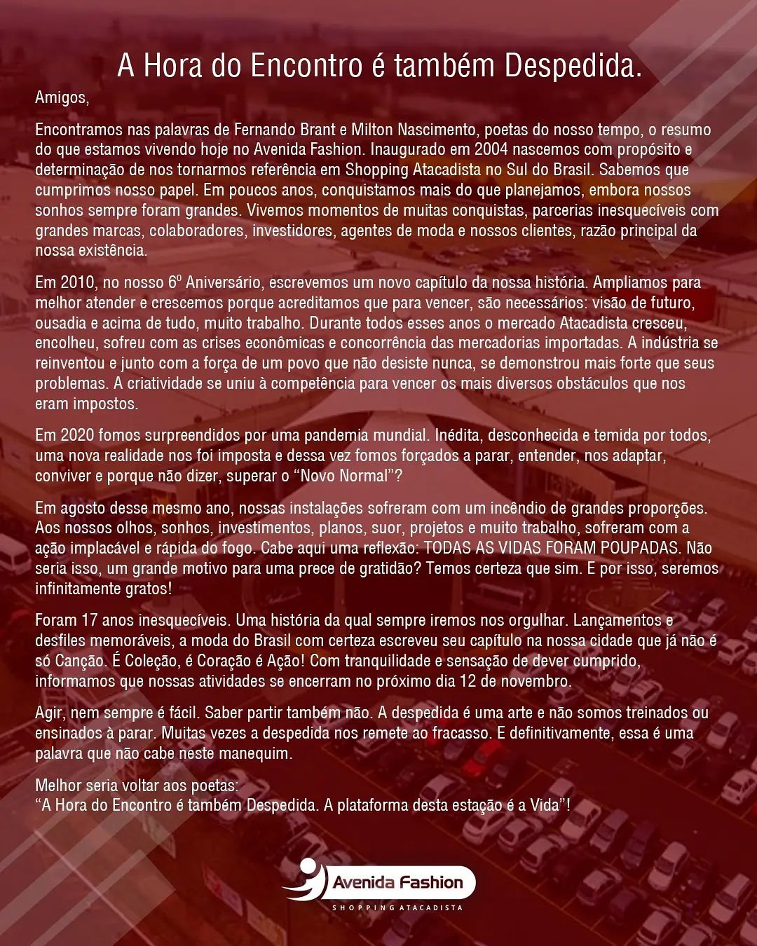 Shopping Avenida Fashion, de Maringá, anuncia encerramento das