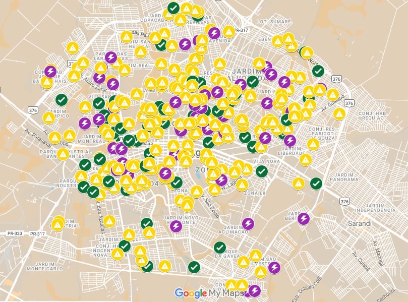 Mapa mostra pontos com árvores caídas em Maringá