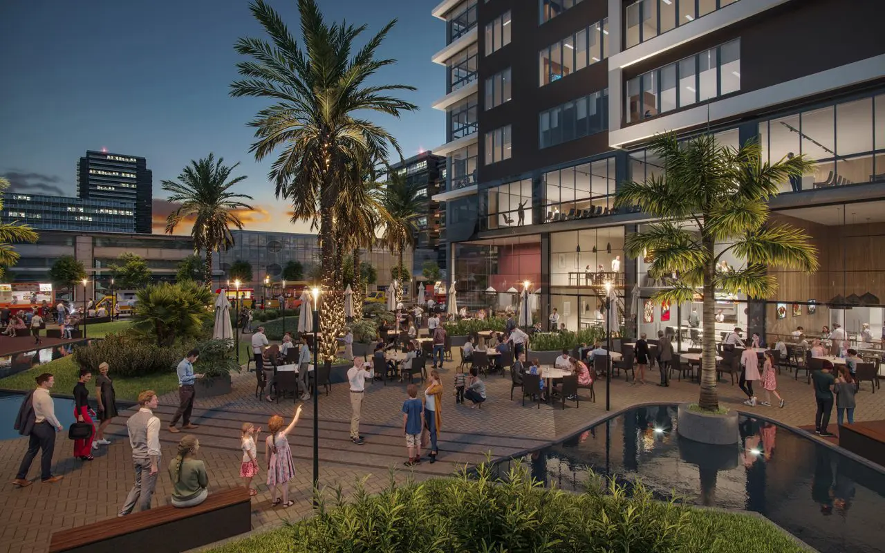 Projeto da visão externa do mall gastronômico do Phenom Parque Empresarial.