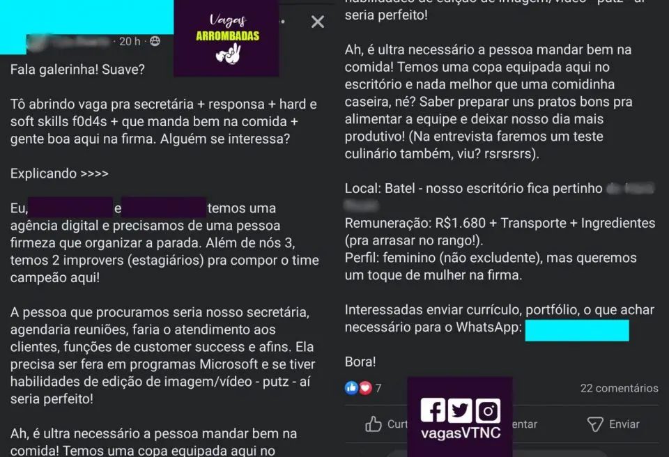 Escritório oferta vaga de emprego para secretária com ‘dons culinários’: 'nada melhor que uma comidinha caseira'