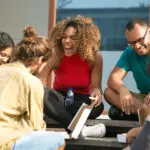 Happy joyful friends talking and laughing