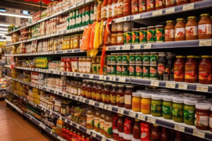 Lanes of shelves with goods products inside a supermarket. Variety of preserves and pasta. Shelves full and tidy.