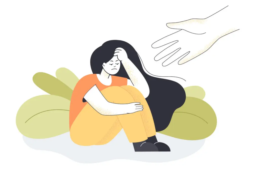 Human hand stretching to young unhappy girl
