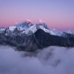 Beautiful scenery of the summit of Mount Everest covered with snow under the white clouds