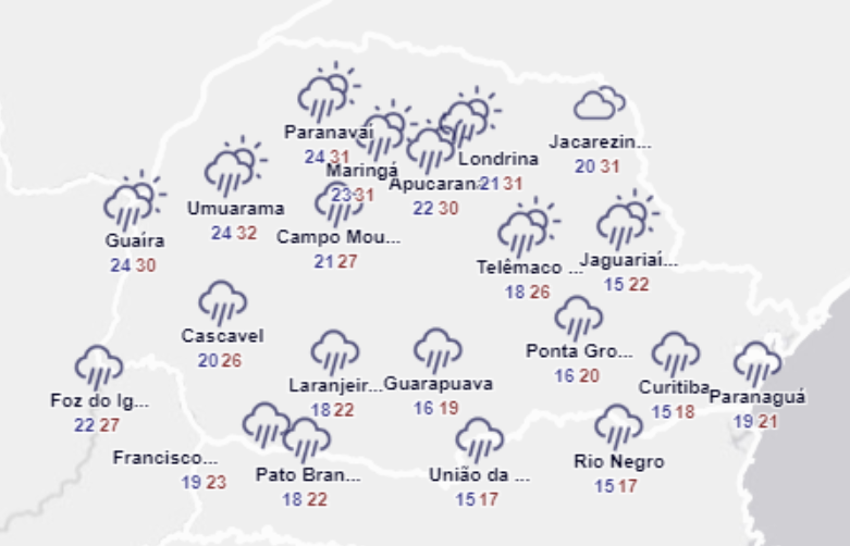 previsão de chuva em todo o Paraná