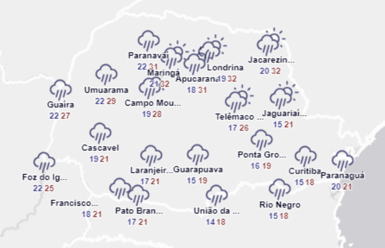 previsão de chuva em todo o Estado do Paraná