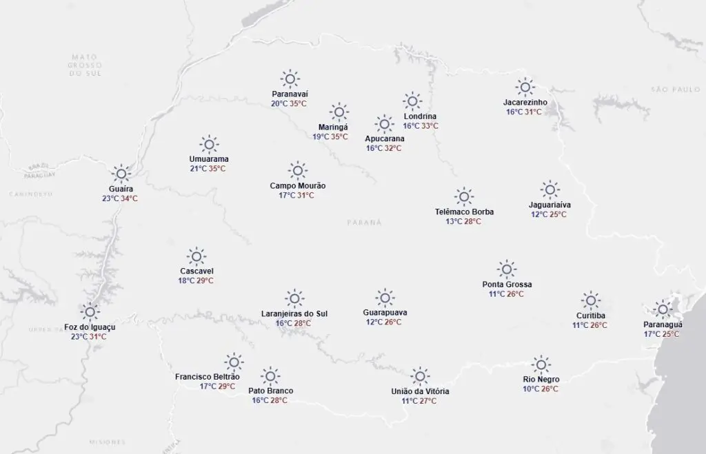 Sem chuva: Previsão do tempo para segunda-feira no Paraná. Foto: Simepar