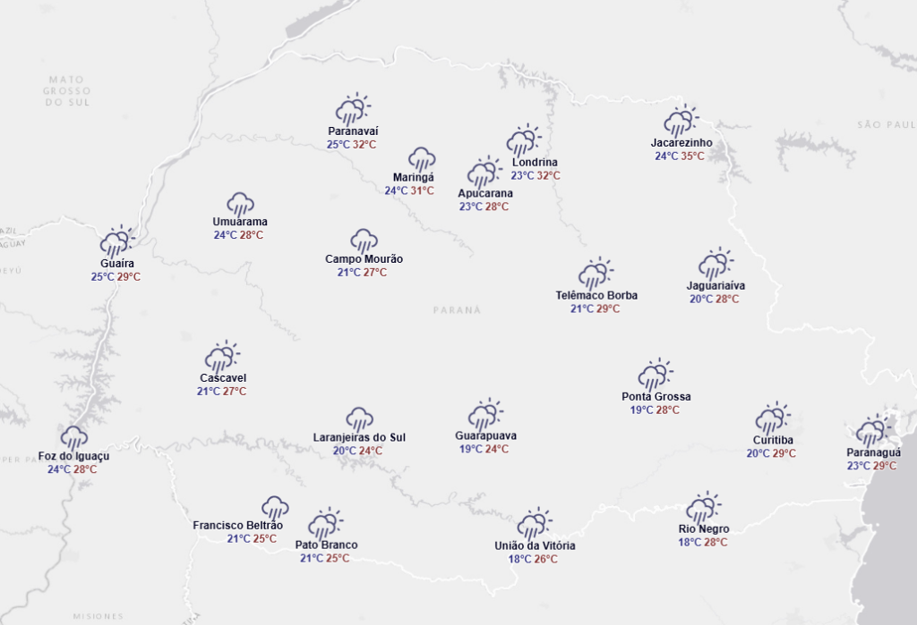 Chuva é registrada em todo o Paraná na quinta