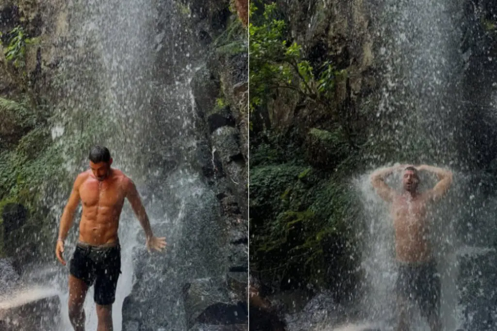 Cauã Reymond tomando banho de cachoeira em foz do iguaçu no Paraná