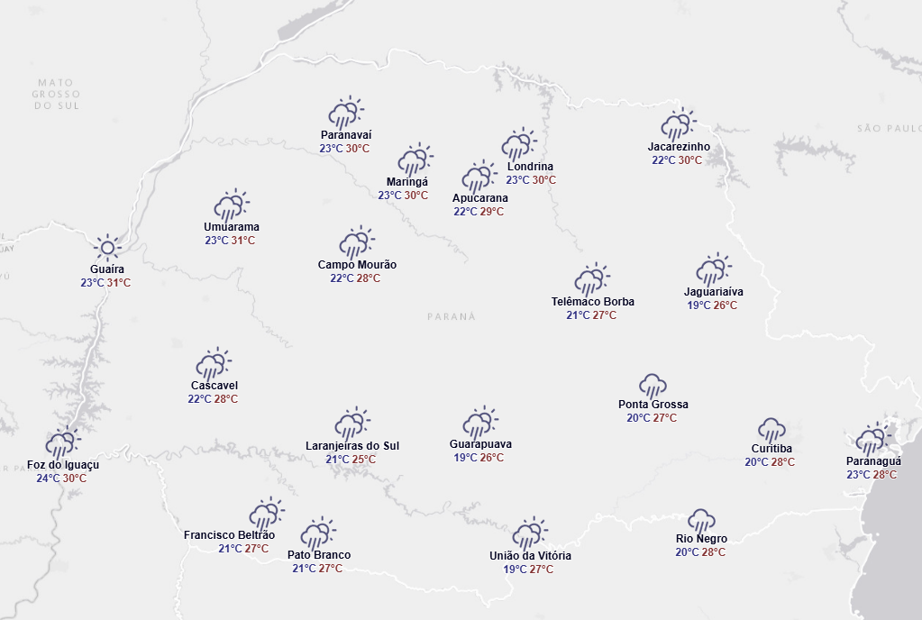 Previsão do tempo para sexta-feira no Paraná. Foto: Simepar