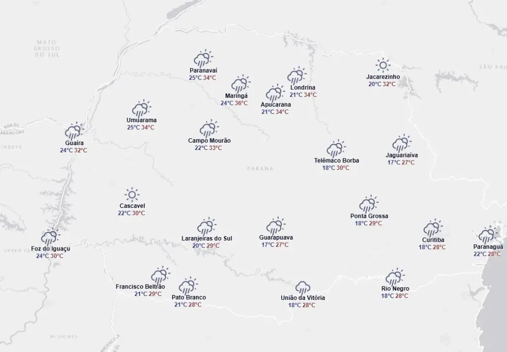 Como fica o tempo em Maringá e no Paraná nesta quarta-feira, 20. Foto: Reprodução/Simepar