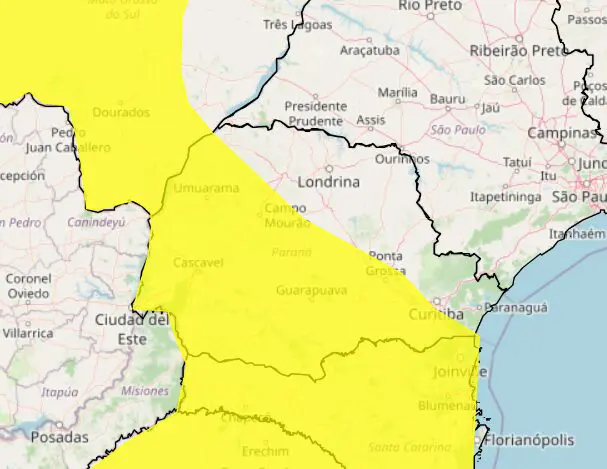 O Instituto Nacional de Meteorologia (Inmet) publicou alerta amarelo de chuvas intensas para 254 cidades do Paraná.