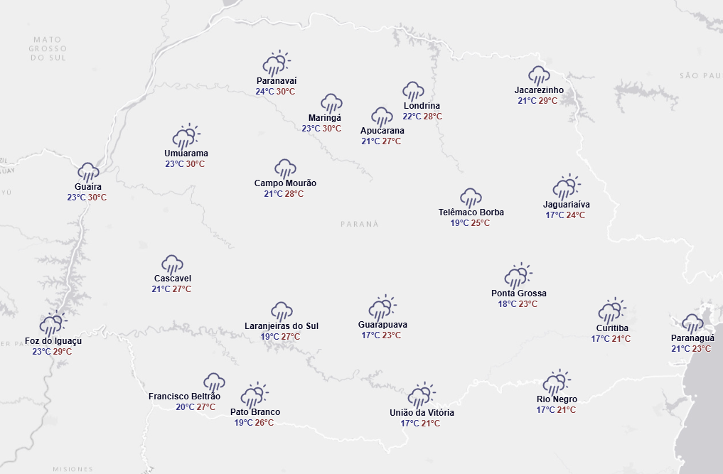 Como fica o tempo em Maringá e no Paraná nesta quinta-feira, 21. Foto: Reprodução/Simepar