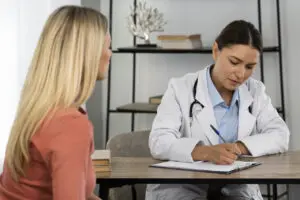 side-view-young-woman-talking-doctor