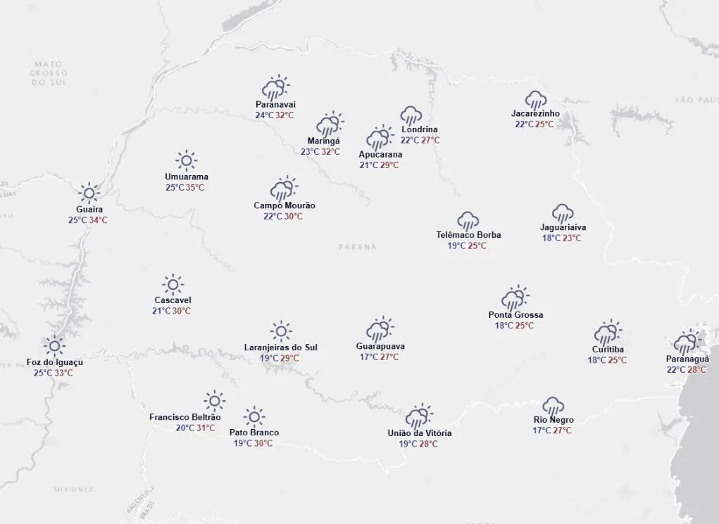 previsçao do tempo: chuva volta a cair na maior parte do paraná. 