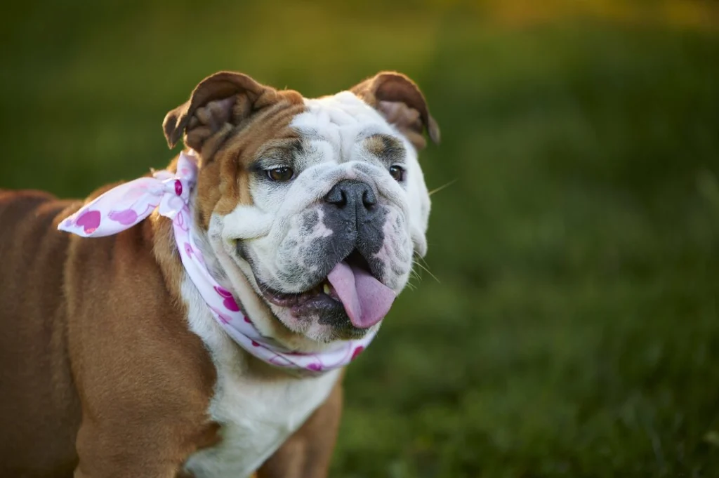 retrato-de-um-adoravel-bulldog-ingles-usando-um-lenco-com-estampas-de-coracoes_181624-50016