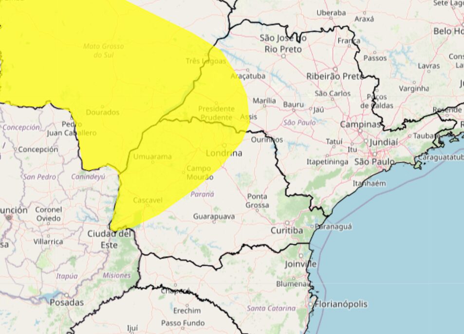 Frio: Cidades na área em amarelo estão em alerta de queda de temperatura. Foto: Inmet