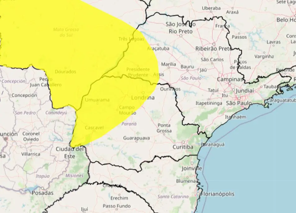 Frio: Cidades na área em amarelo estão em alerta de queda de temperatura. Foto: Inmet