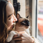 Portrait woman with Siamese cats