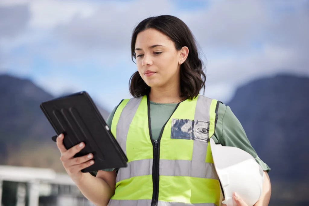 pensando-en-ingenieria-y-mujer-con-una-tableta-al-aire-libre-y-planificando-con-seguridad-y-conexion-de-energia-renovable-mujer-arquitecta-y-empleada-con-mantenimiento-e-inspeccion-de-tecnologia