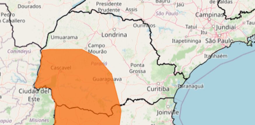 área em laranja no Paraná está em alerta de tempestade