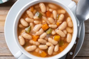 White beans soup with vegetables in white bowl on wooden table