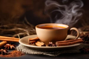 A cozy cup of cinnamon tea with cinnamon sticks and powder besid
