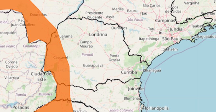 Área na cor laranja tem alerta amarelo (perigo potencial) de tempestade. Foto: Inmet