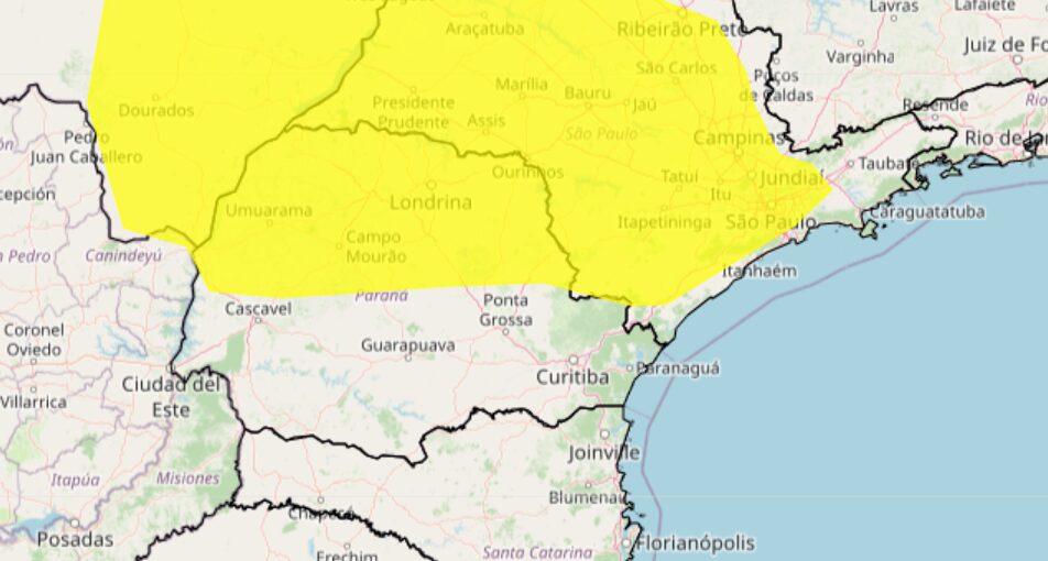 área em amarelo tem alerta de vendaval do Inmet