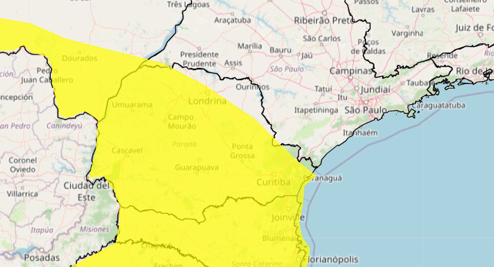 Área em amarelo no mapa está em alerta de tempestade do Inmet. Foto: Inmet