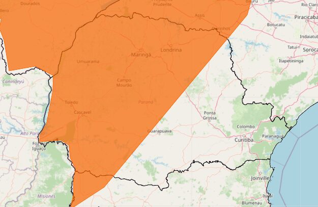Área em laranja tem risco de tempestades, com ventos de atpe 100 km/h, segundo o Inmet