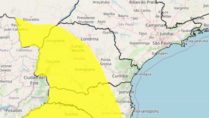 Área em amarelo tem alerta de tempestade. Foto: Inmet
