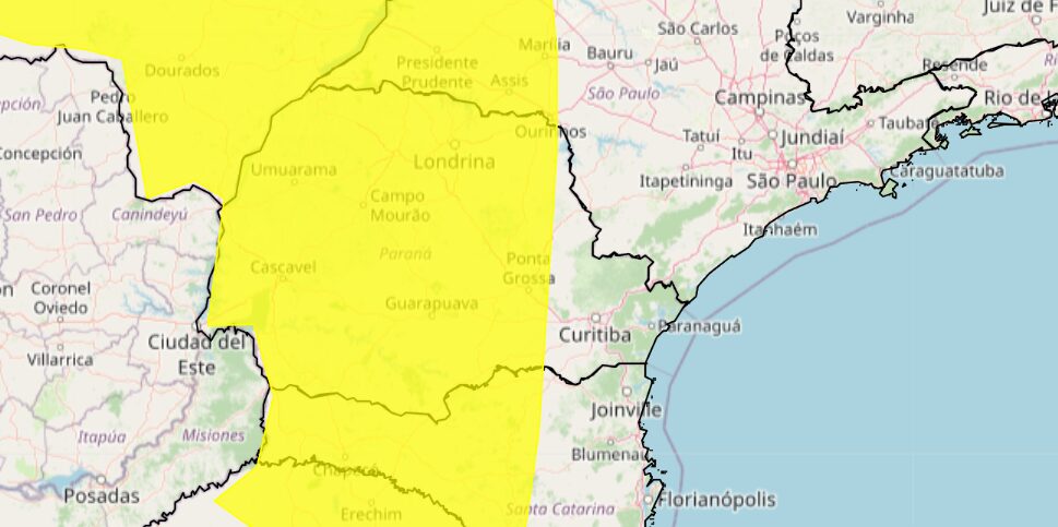 Área amarela tem alerta de tempestade. Foto: Inmet
