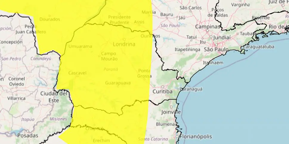Área amarela tem alerta de tempestade. Foto: Inmet