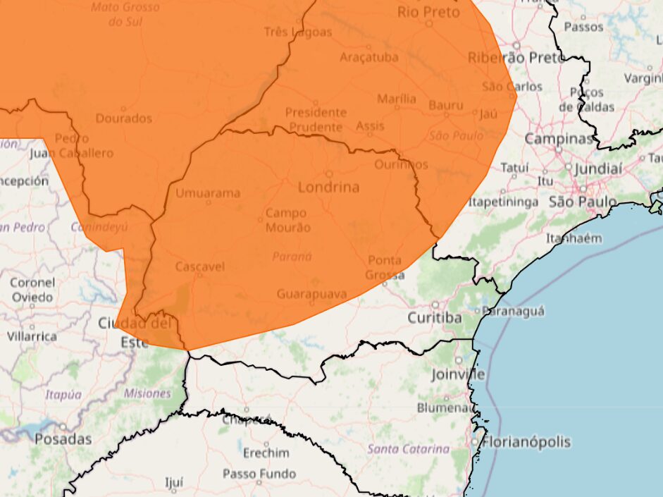 área em laranja tem alerta de tempestade no paraná