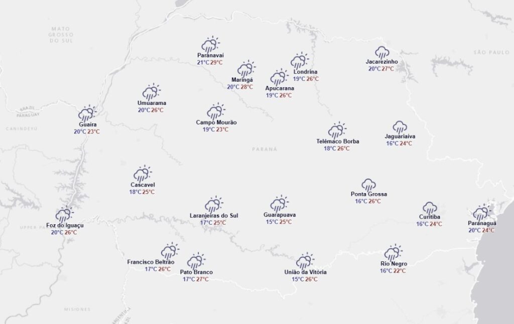 Previsão do tempo no Paraná nesta quinta-feira, segundo o Simepar. Foto: Simepar