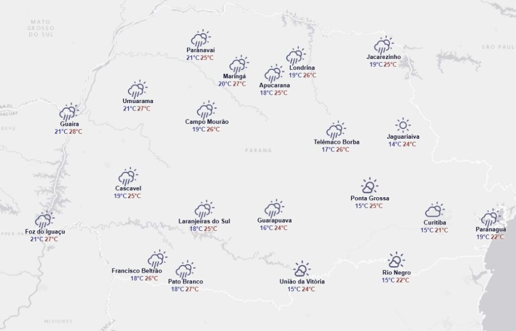Previsão do tempo no Paraná nesta sexta-feira, segundo o Simepar. Foto: Simepar