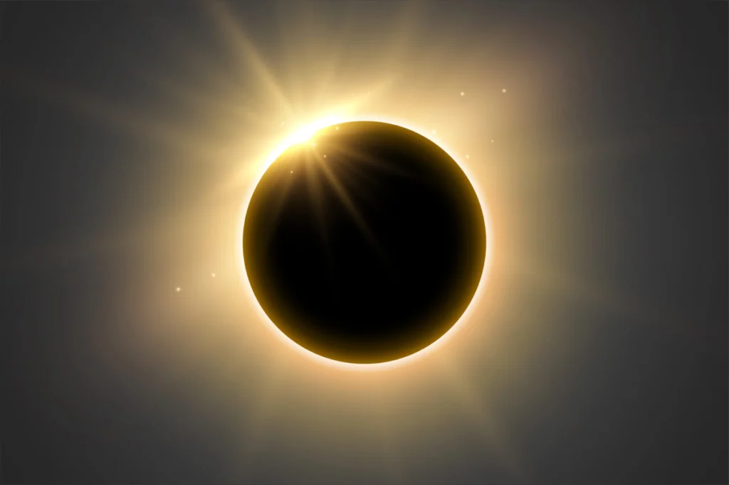 beautiful full solar eclipse with bright rays for spiritual ener