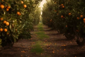Row of ripe citrus trees in sunset glow generative AI