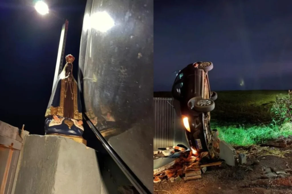 Carro capota e para aos pés de imagem de Nossa Senhora no Paraná; motorista sai ilesa