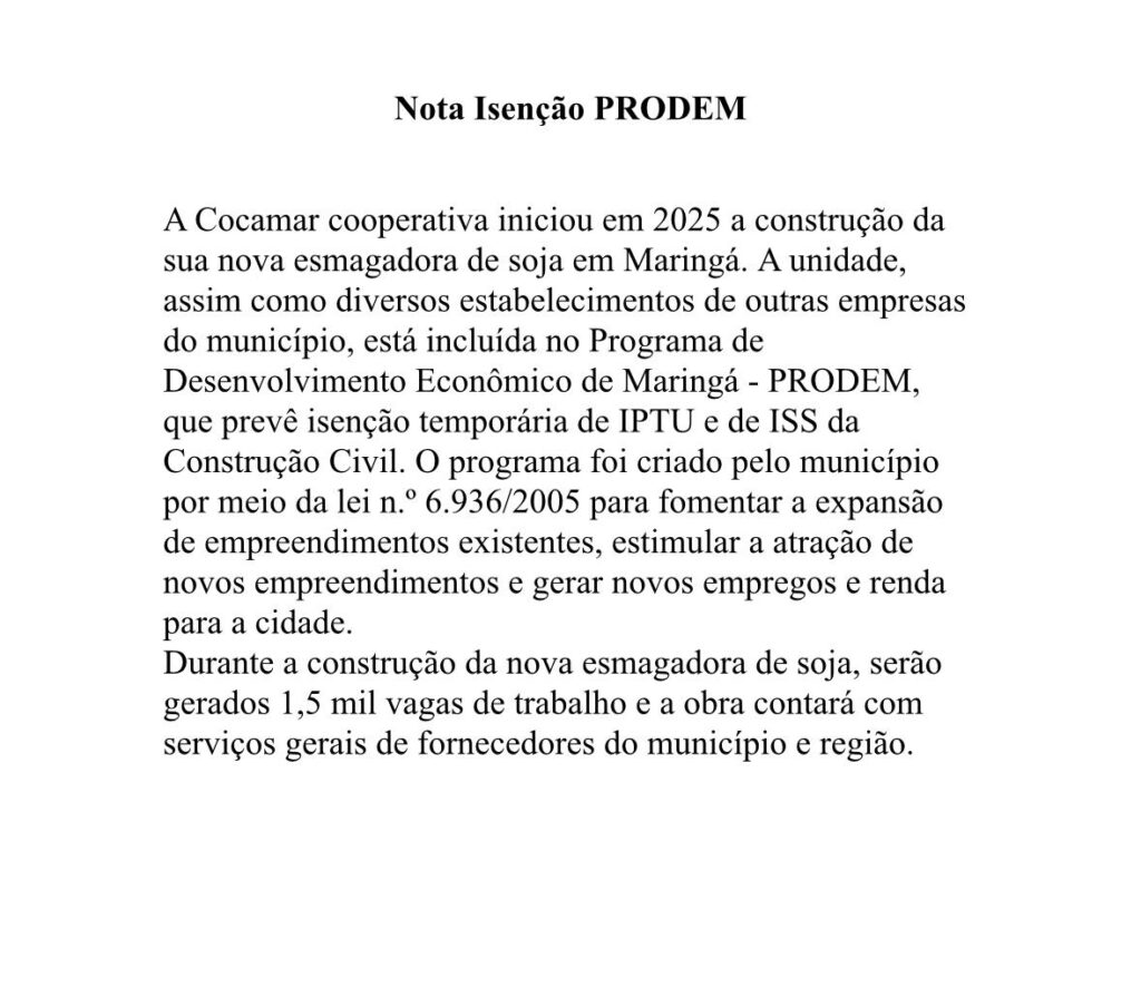 nota cocamar sobre isenção