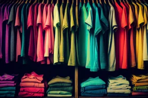 Multi colored garments hang on coathangers in retail store generated by AI