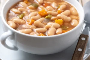 White beans soup with vegetables in white bowl on wooden table.