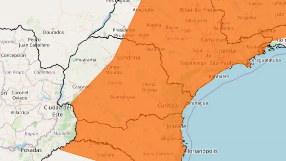 Cidades localizadas na área laranja estão em alerta de perigo de tempestades. 