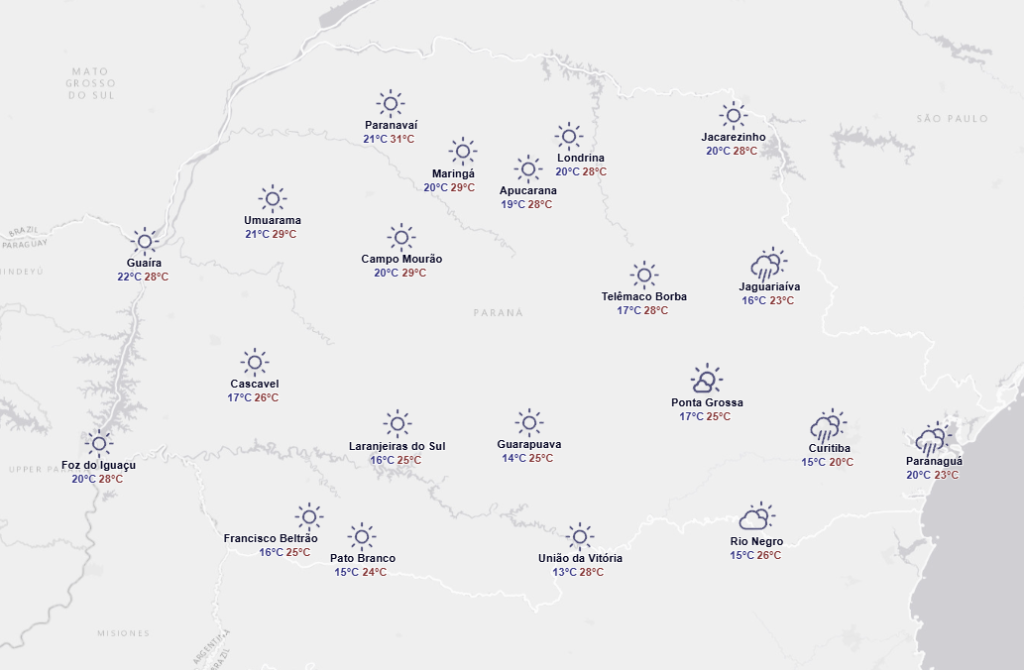 Tempo no domingo no Paraná. Foto: Simepar
