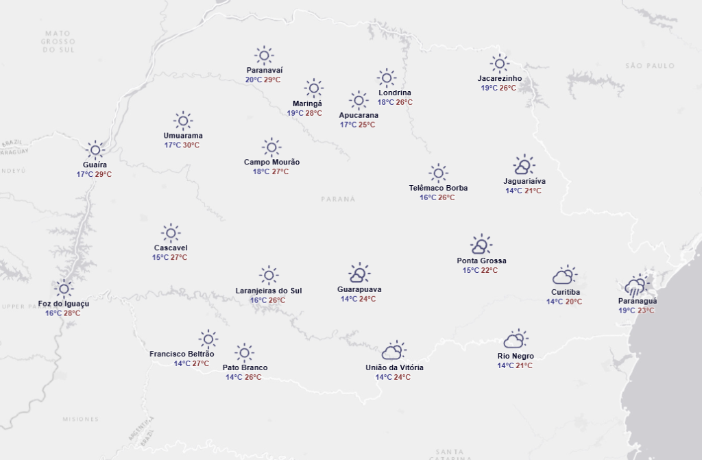 Tempo na segunda-feira, no Paraná. Foto: Simepar