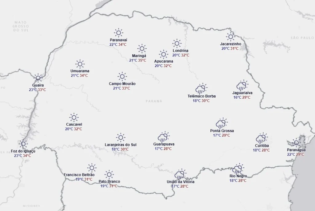 Previsão do tempo para esta segunda-feira, 30, quando começa a virada no tempo. Foto: Simepar